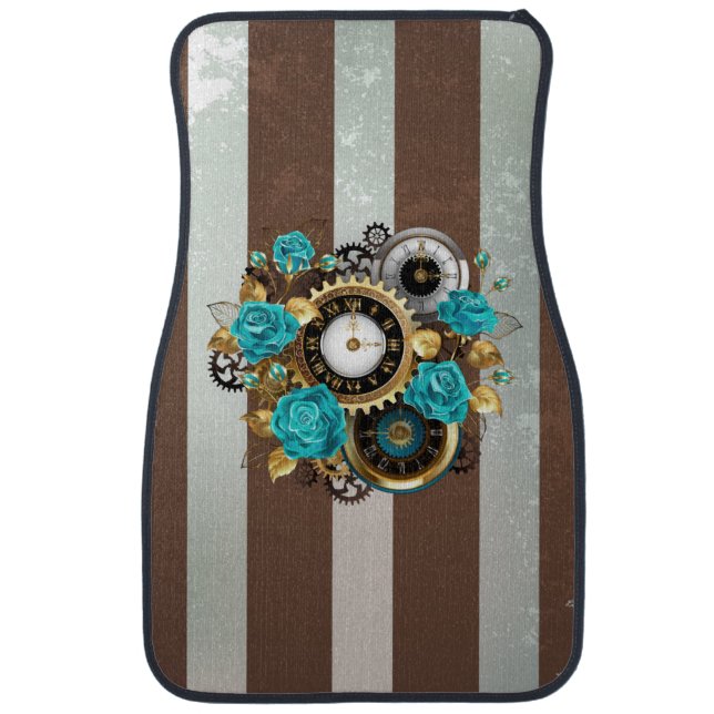 Steampunk Clock and Turquoise Roses on Striped Car Floor Mat (Front)