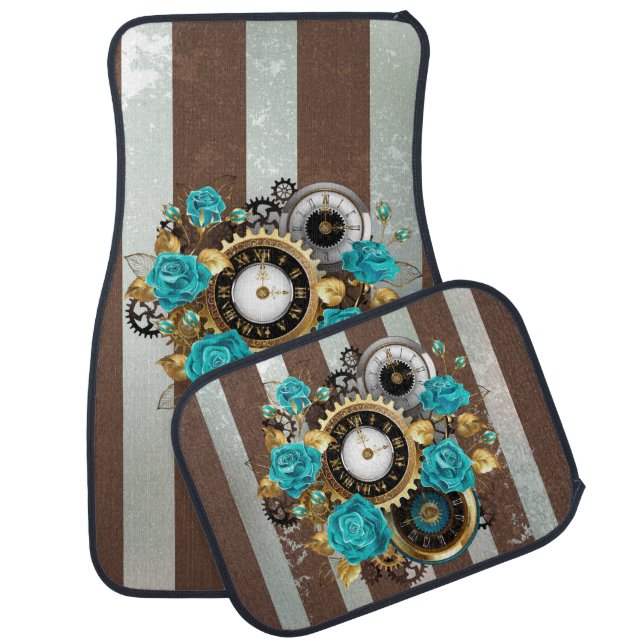 Steampunk Clock and Turquoise Roses on Striped Car Floor Mat (Set)
