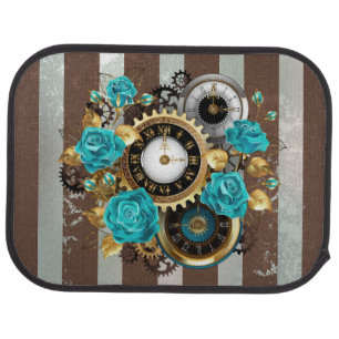 Steampunk Clock and Turquoise Roses on Striped Car Floor Mat