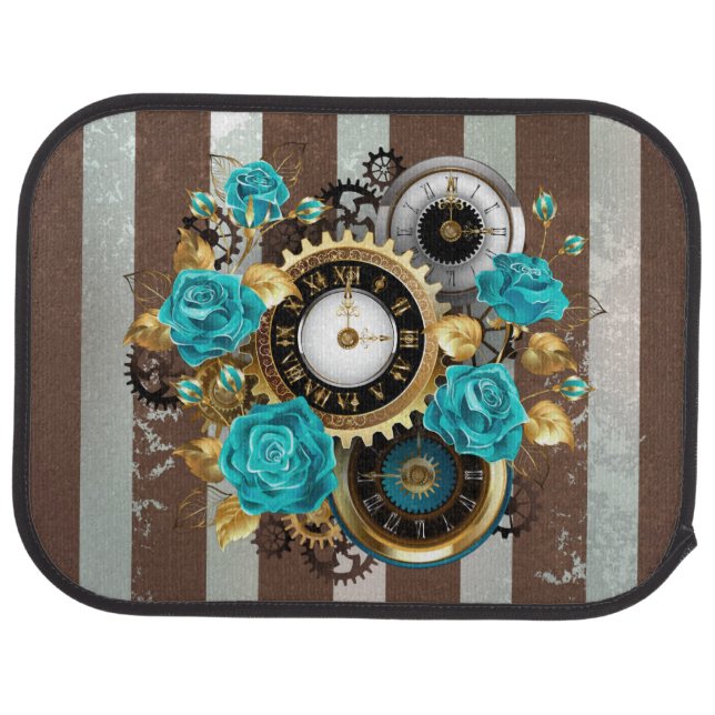Steampunk Clock and Turquoise Roses on Striped Car Floor Mat (Rear)