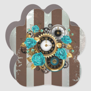 Steampunk Clock and Turquoise Roses on Striped Car Magnet