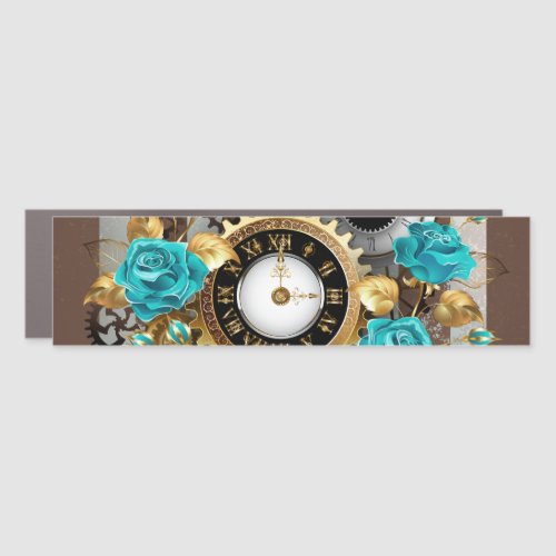 Steampunk Clock and Turquoise Roses on Striped Car Magnet