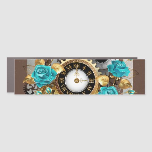 Steampunk Clock and Turquoise Roses on Striped Car Magnet