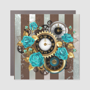 Steampunk Clock and Turquoise Roses on Striped Car Magnet