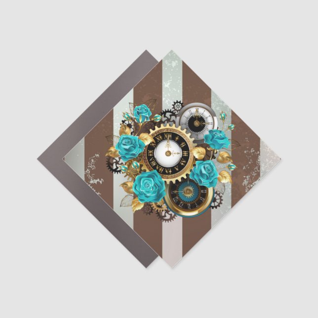 Steampunk Clock and Turquoise Roses on Striped Car Magnet (Front)