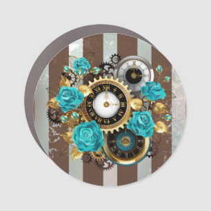 Steampunk Clock and Turquoise Roses on Striped Car Magnet
