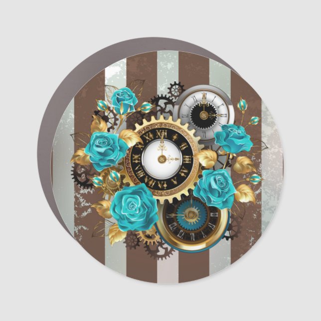 Steampunk Clock and Turquoise Roses on Striped Car Magnet (Front)