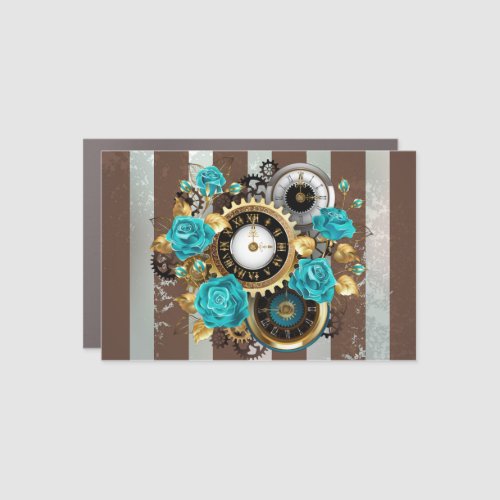 Steampunk Clock and Turquoise Roses on Striped Car Magnet