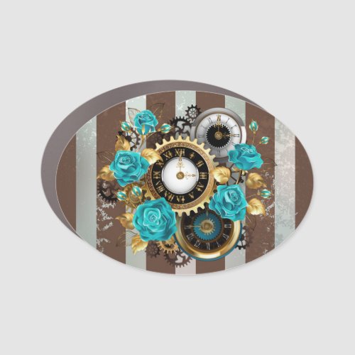 Steampunk Clock and Turquoise Roses on Striped Car Magnet