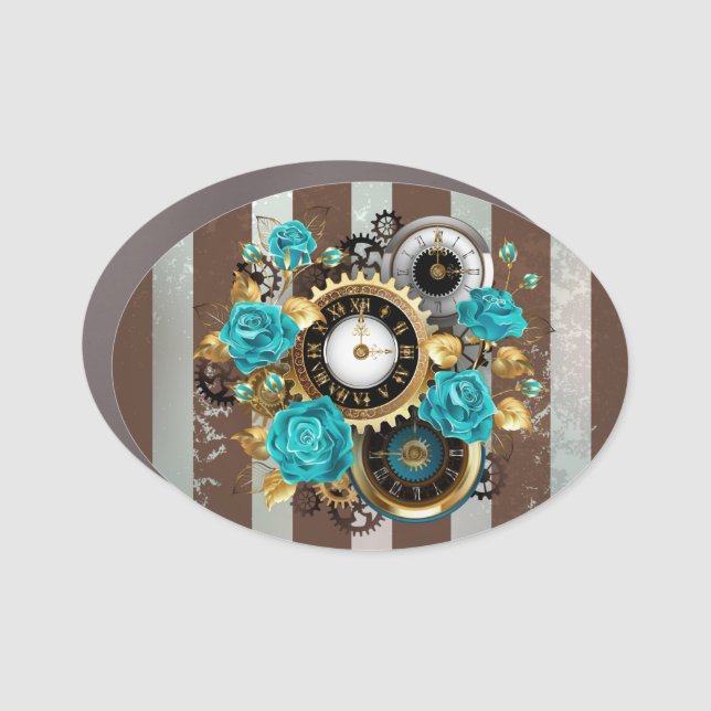 Steampunk Clock and Turquoise Roses on Striped Car Magnet (Front)