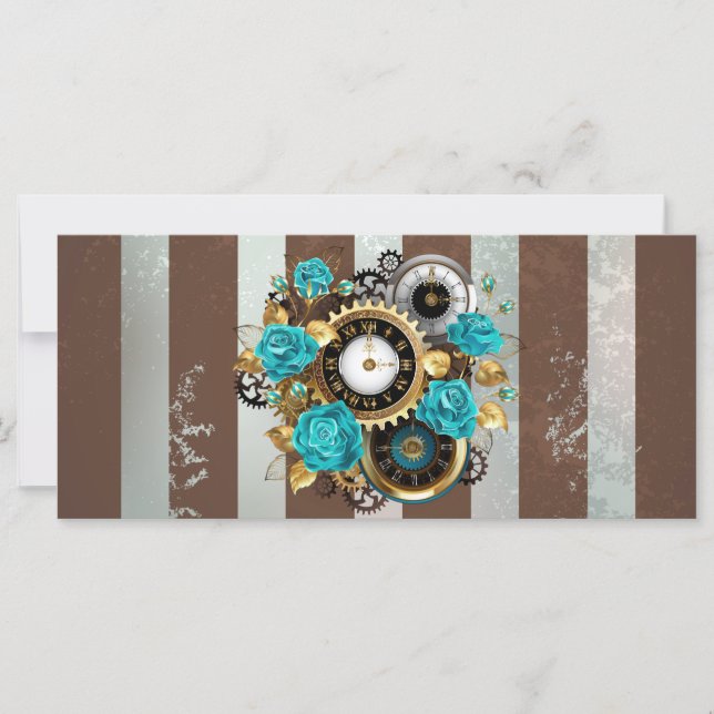 Steampunk Clock and Turquoise Roses on Striped Card (Front)