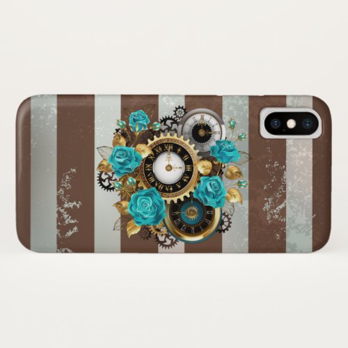 Steampunk Clock and Turquoise Roses on Striped iPhone XS Case