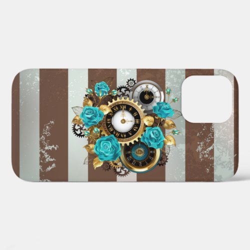 Steampunk Clock and Turquoise Roses on Striped iPhone 12 Pro Case