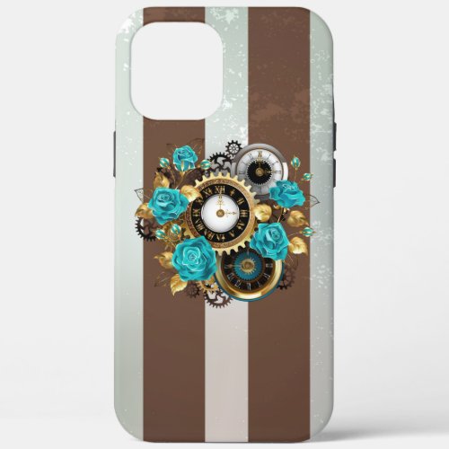 Steampunk Clock and Turquoise Roses on Striped iPhone 12 Pro Max Case