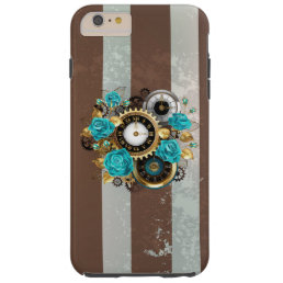 Steampunk Clock and Turquoise Roses on Striped Tough iPhone 6 Plus Case