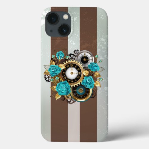 Steampunk Clock and Turquoise Roses on Striped iPhone 13 Case