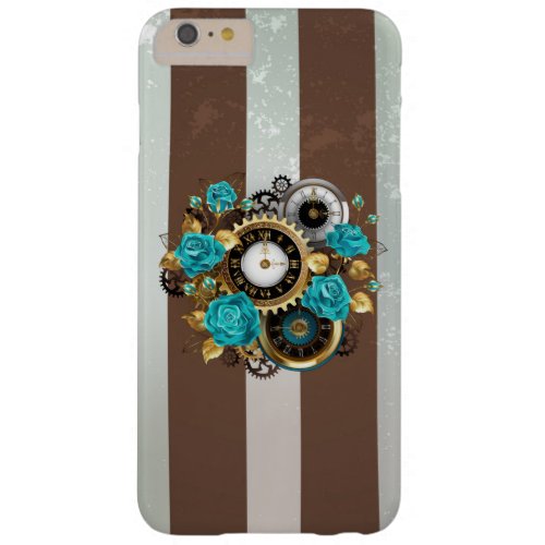 Steampunk Clock and Turquoise Roses on Striped Barely There iPhone 6 Plus Case