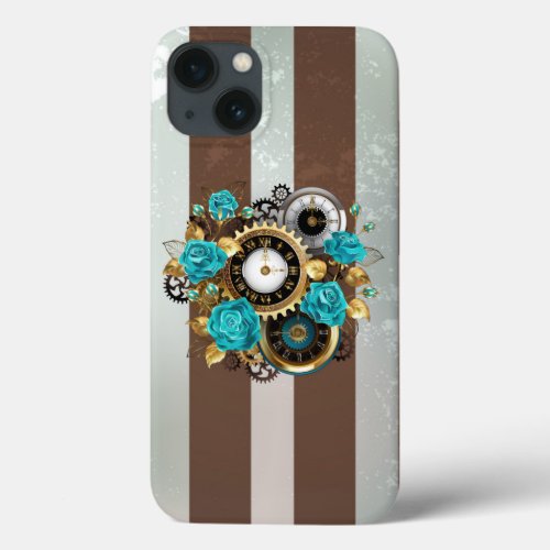 Steampunk Clock and Turquoise Roses on Striped iPhone 13 Case