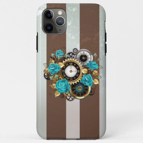 Steampunk Clock and Turquoise Roses on Striped iPhone 11 Pro Max Case