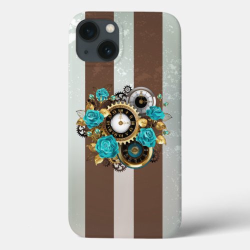 Steampunk Clock and Turquoise Roses on Striped iPhone 13 Case