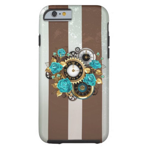 Steampunk Clock and Turquoise Roses on Striped Tough iPhone 6 Case