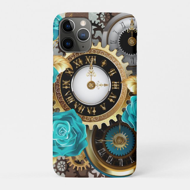 Steampunk Clock and Turquoise Roses on Striped Case-Mate iPhone Case (Back)