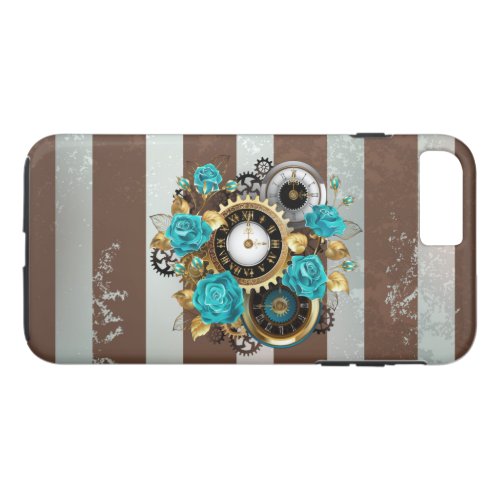 Steampunk Clock and Turquoise Roses on Striped iPhone 8 Plus7 Plus Case