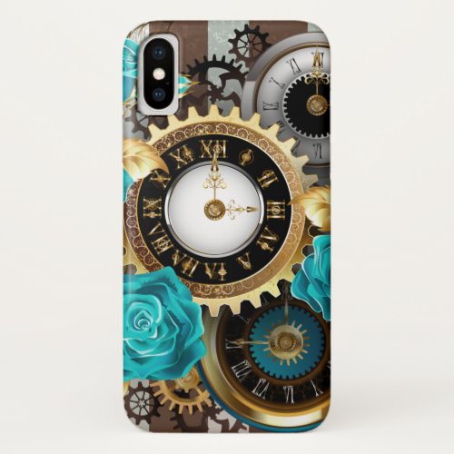 Steampunk Clock and Turquoise Roses on Striped iPhone X Case