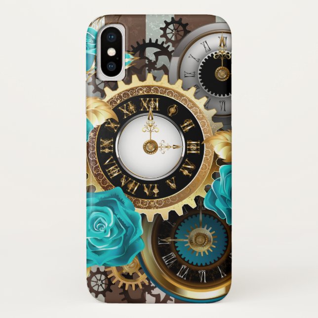 Steampunk Clock and Turquoise Roses on Striped Case-Mate iPhone Case (Back)