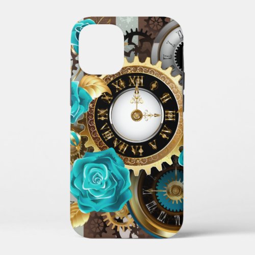 Steampunk Clock and Turquoise Roses on Striped iPhone 12 Mini Case