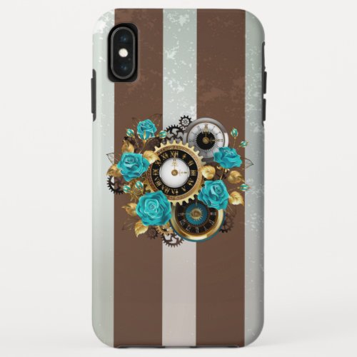 Steampunk Clock and Turquoise Roses on Striped iPhone XS Max Case