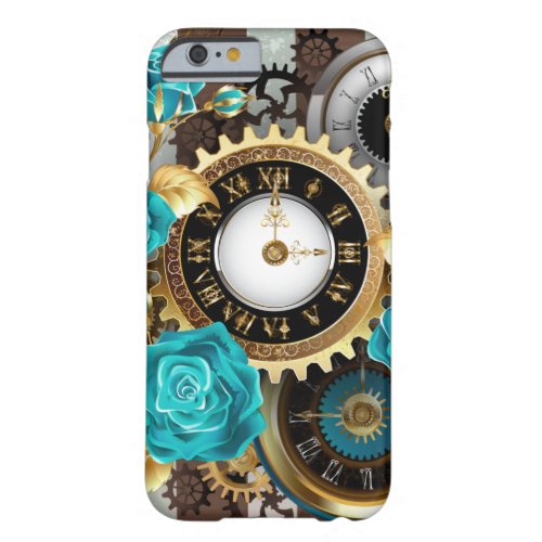 Steampunk Clock and Turquoise Roses on Striped Barely There iPhone 6 Case
