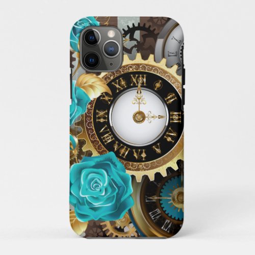 Steampunk Clock and Turquoise Roses on Striped iPhone 11 Pro Case