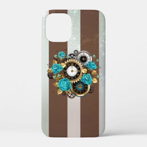 Steampunk Clock and Turquoise Roses on Striped iPhone 12 Mini Case