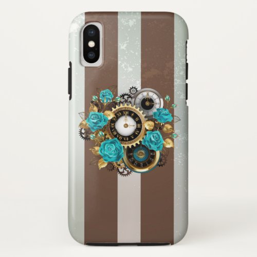 Steampunk Clock and Turquoise Roses on Striped iPhone X Case