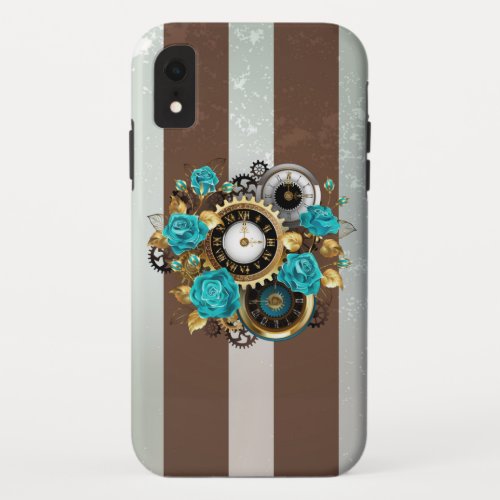 Steampunk Clock and Turquoise Roses on Striped iPhone XR Case