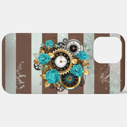 Steampunk Clock and Turquoise Roses on Striped iPhone 12 Pro Max Case