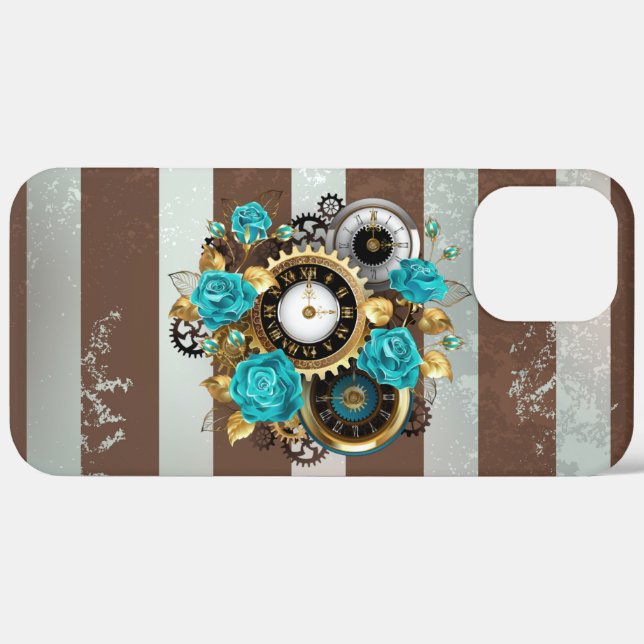 Steampunk Clock and Turquoise Roses on Striped Case-Mate iPhone Case (Back (Horizontal))