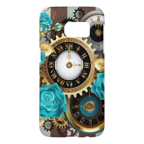 Steampunk Clock and Turquoise Roses on Striped Samsung Galaxy S7 Case