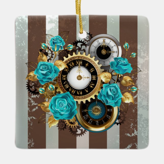 Steampunk Clock and Turquoise Roses on Striped Ceramic Ornament (Front)