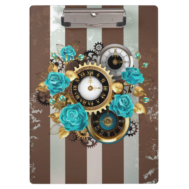 Steampunk Clock and Turquoise Roses on Striped Clipboard (Front)