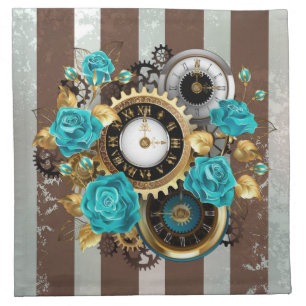 Steampunk Clock and Turquoise Roses on Striped Cloth Napkin