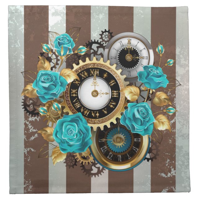 Steampunk Clock and Turquoise Roses on Striped Cloth Napkin (Front)