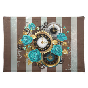 Steampunk Clock and Turquoise Roses on Striped Cloth Placemat