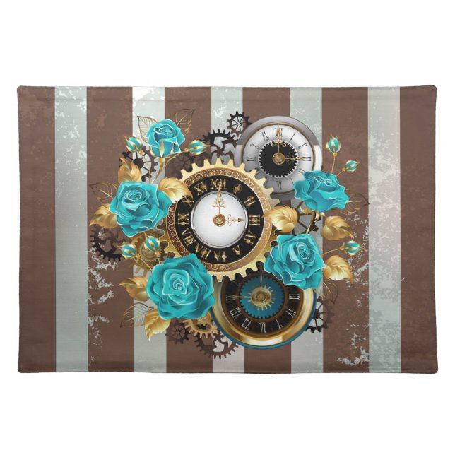 Steampunk Clock and Turquoise Roses on Striped Cloth Placemat (Front)