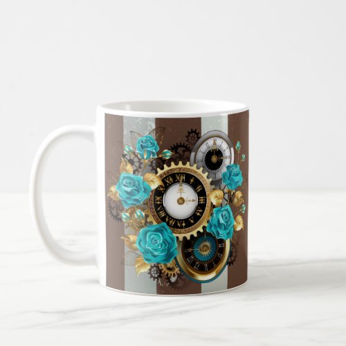 Steampunk Clock and Turquoise Roses on Striped Coffee Mug