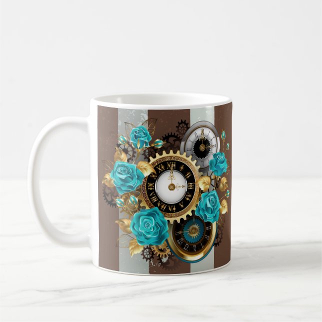Steampunk Clock and Turquoise Roses on Striped Coffee Mug (Left)