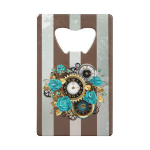 Steampunk Clock and Turquoise Roses on Striped Credit Card Bottle Opener