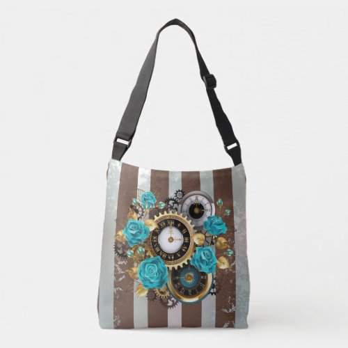 Steampunk Clock and Turquoise Roses on Striped Crossbody Bag
