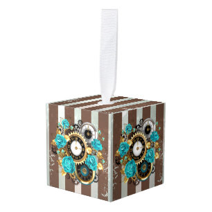 Steampunk Clock and Turquoise Roses on Striped Cube Ornament